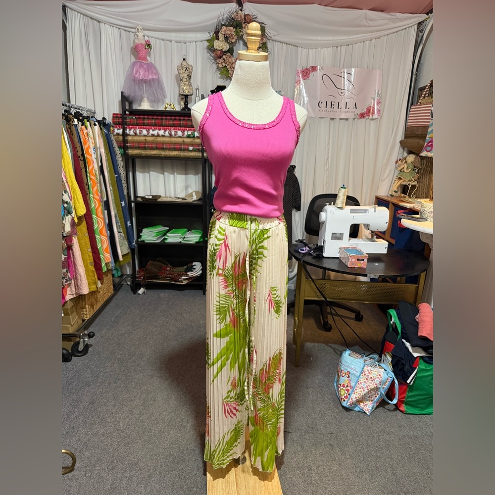 Tropical Print Wide Leg Pants